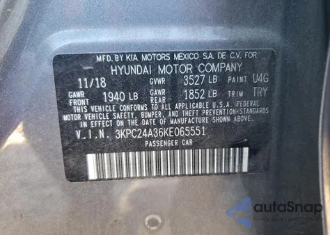 2019 Hyundai Accent Se z USA, uszkodzony, nr VIN 3KPC24A36KE065551